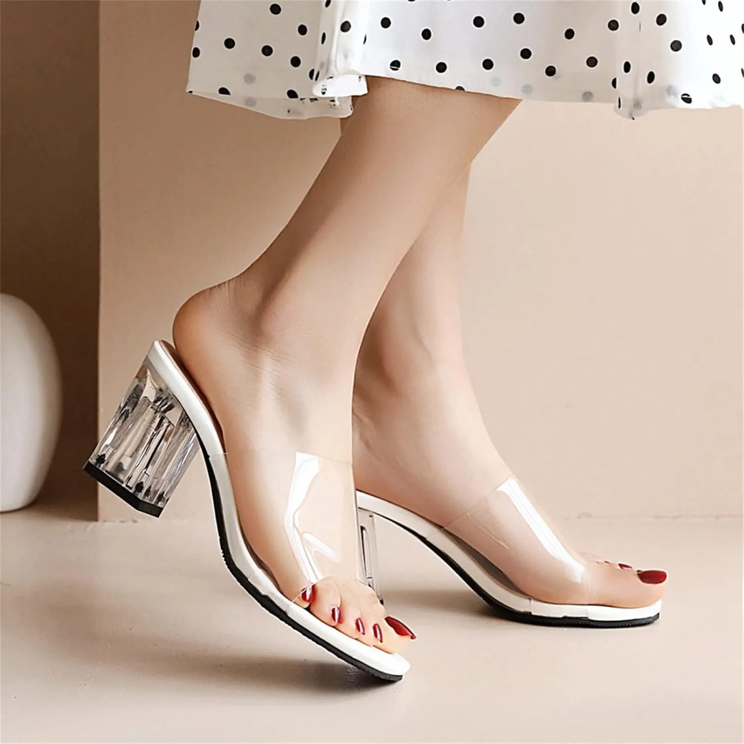 Elbslutt Women's Clear Chunky Heel Sandals Slides Slingback Square Open Toe High Block Heeled Transparent Strap Slipper Pumps