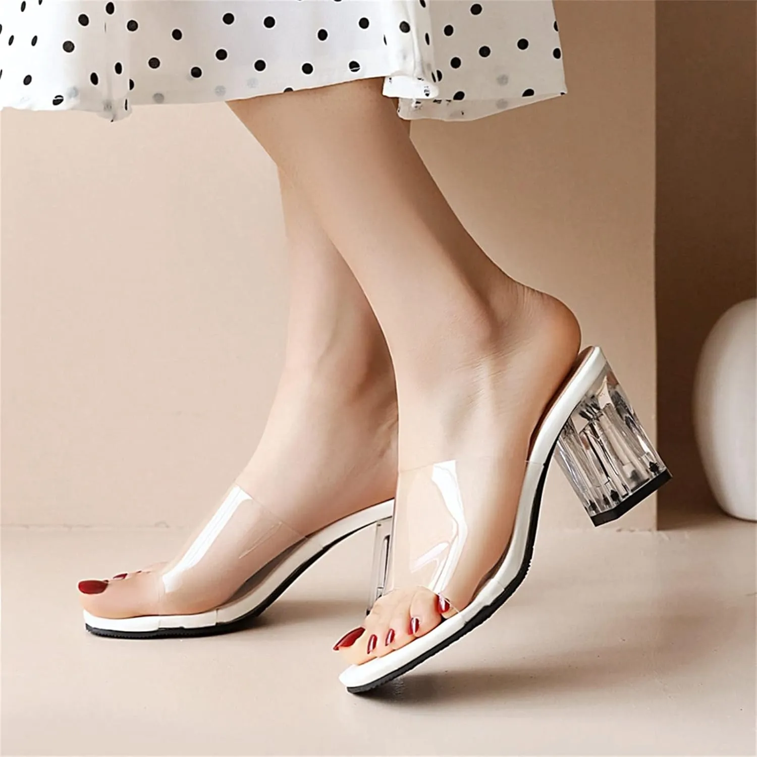 Elbslutt Women's Clear Chunky Heel Sandals Slides Slingback Square Open Toe High Block Heeled Transparent Strap Slipper Pumps