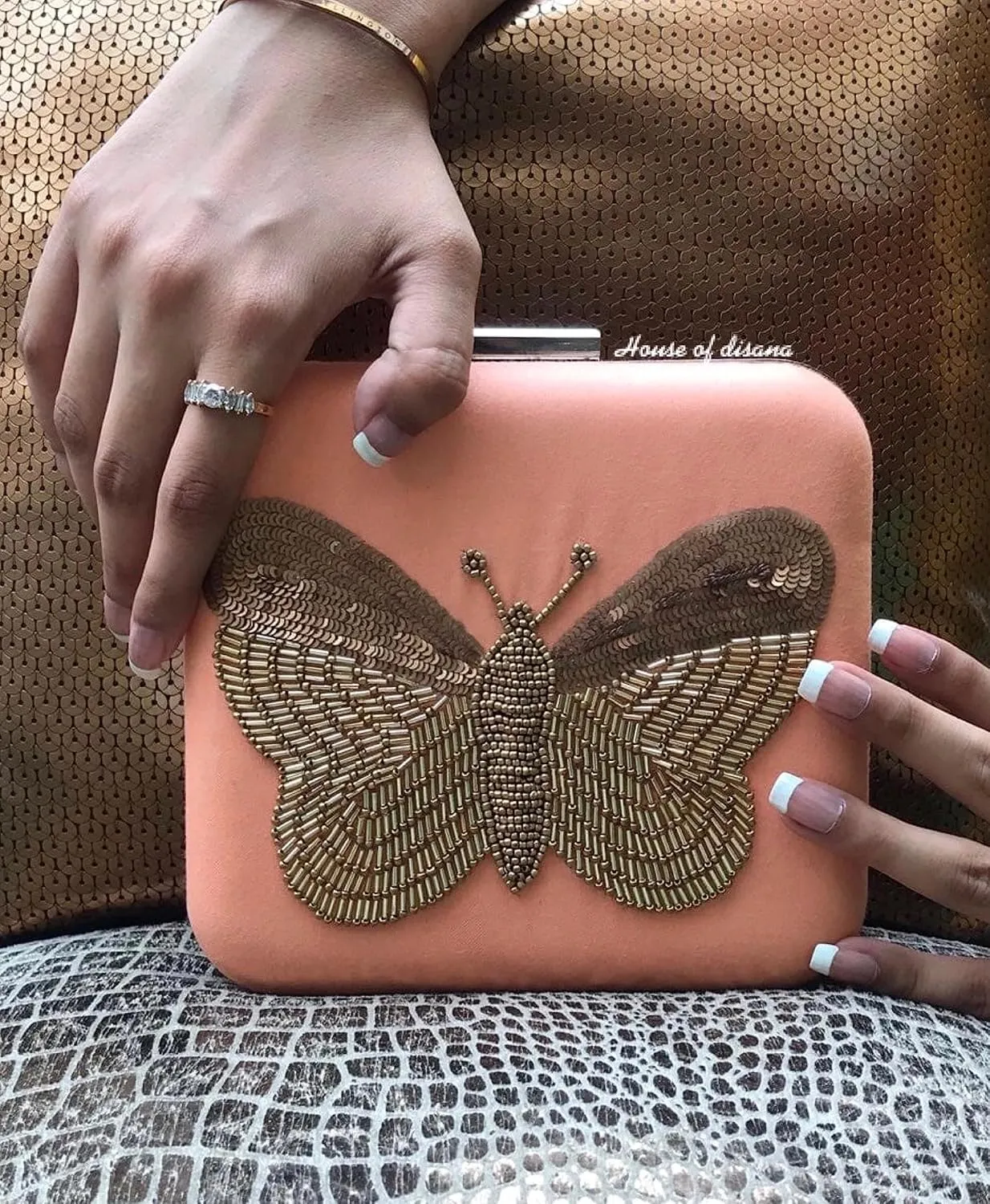 Elegant Beaded Butterfly Clutch Bagsfor Evening Bags Luxury Clutch Wedding Party Cocktail Handbag Purse - Peach