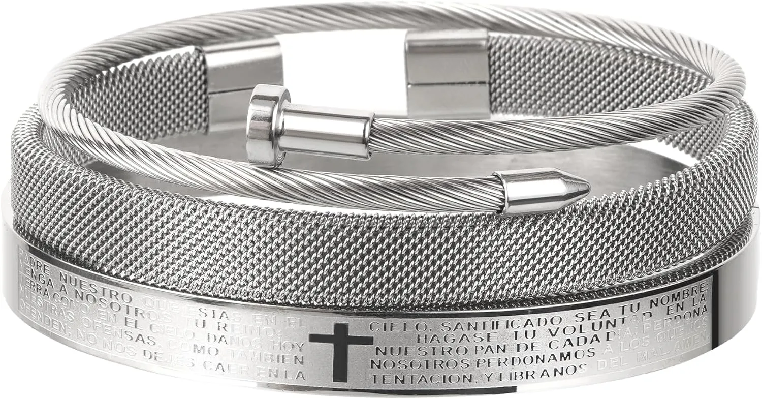 Enigma Mens Bracelet, Bracelet Stack, Stainless Steel Cable Chain, Easy Hook Clasp, Set of 3, Adjustable Cuff Bangles, Hermes Style Jewelry For Men, Bangles For Gifts