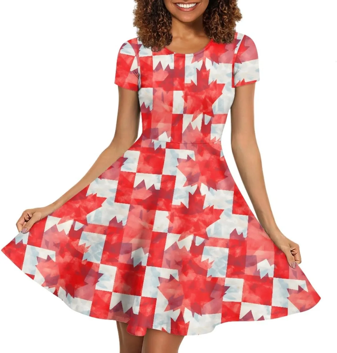 ENLACHIC Women's Casual Summer Dresses Maple Leaf Printed Short Sleeve A Line Flowy Swing Midi Dress