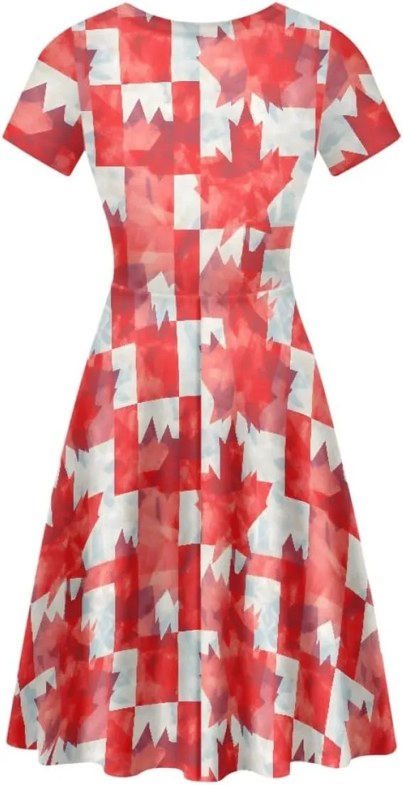 ENLACHIC Women's Casual Summer Dresses Maple Leaf Printed Short Sleeve A Line Flowy Swing Midi Dress