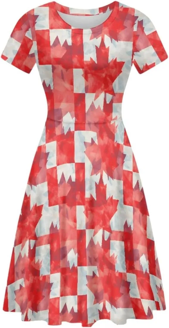 ENLACHIC Women's Casual Summer Dresses Maple Leaf Printed Short Sleeve A Line Flowy Swing Midi Dress