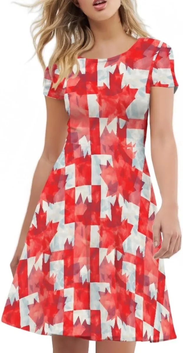 ENLACHIC Women's Casual Summer Dresses Maple Leaf Printed Short Sleeve A Line Flowy Swing Midi Dress