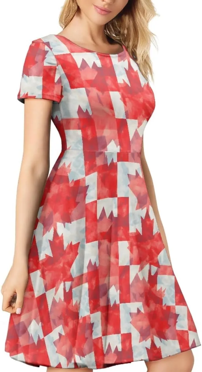 ENLACHIC Women's Casual Summer Dresses Maple Leaf Printed Short Sleeve A Line Flowy Swing Midi Dress