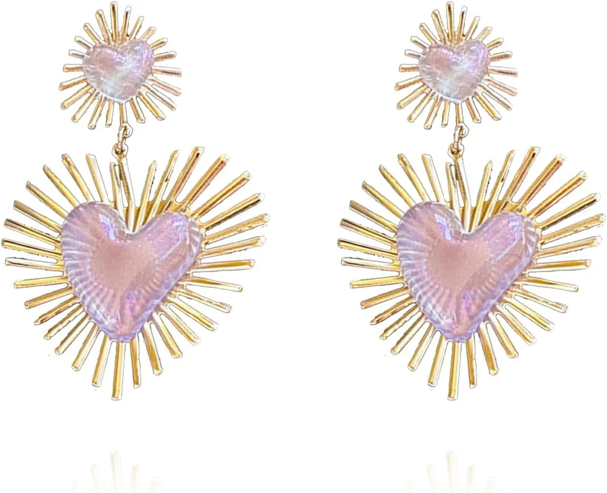 Exaggerated Geometric Boho Punk Gold Sunburst Heart Statement Drop Earrings for Women