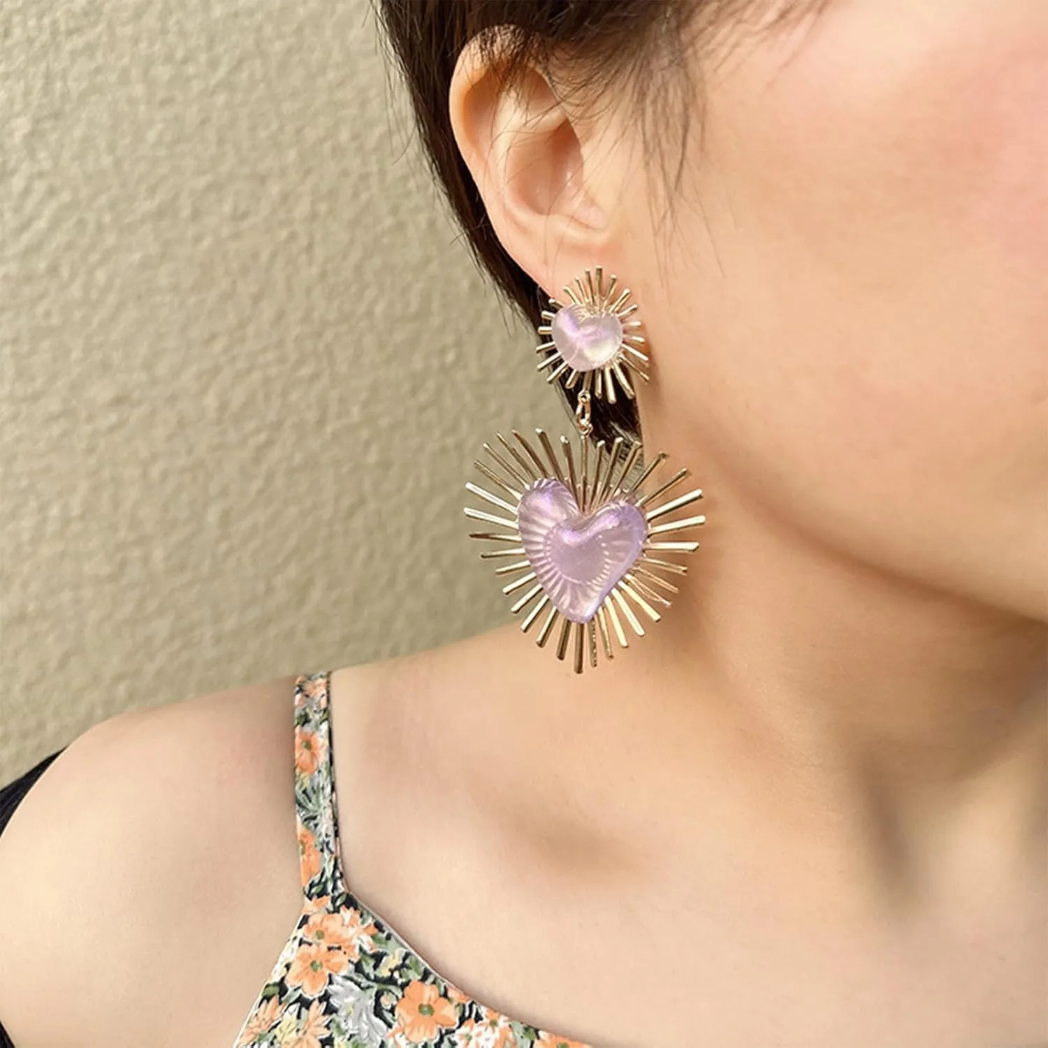 Exaggerated Geometric Boho Punk Gold Sunburst Heart Statement Drop Earrings for Women