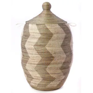 Extra Large Silver and White ZigZag Lidded Hamper Basket