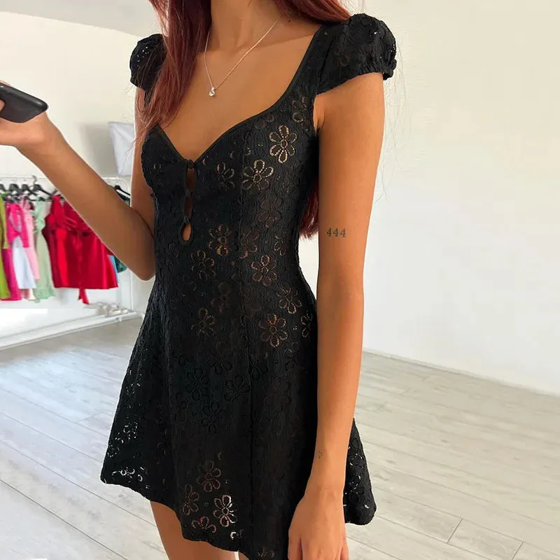 Fairy Lace Spaghetti Strap Sleeveless Backless Party A-Line Dress for Women