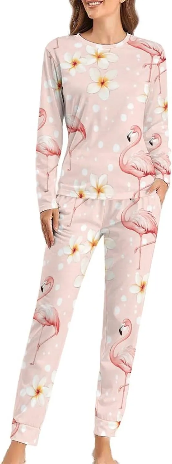 Flamingos Plumeria Polka Dots Pajama Sets for Women 2 Piece Long Sleeve Top And Pants Soft Sleepwear Loungewear Set