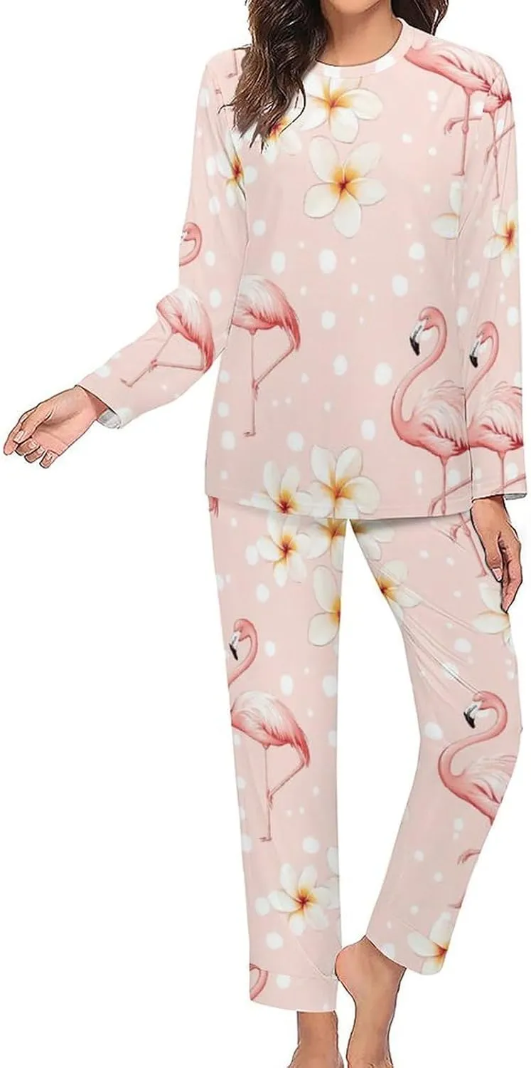 Flamingos Plumeria Polka Dots Pajama Sets for Women 2 Piece Long Sleeve Top And Pants Soft Sleepwear Loungewear Set