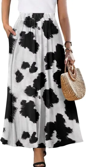 Flowy Maxi Skirts for Women Flared Long Casual Skirts with Pockets Swing Pleated Elastic High Waist A-Line Skirts