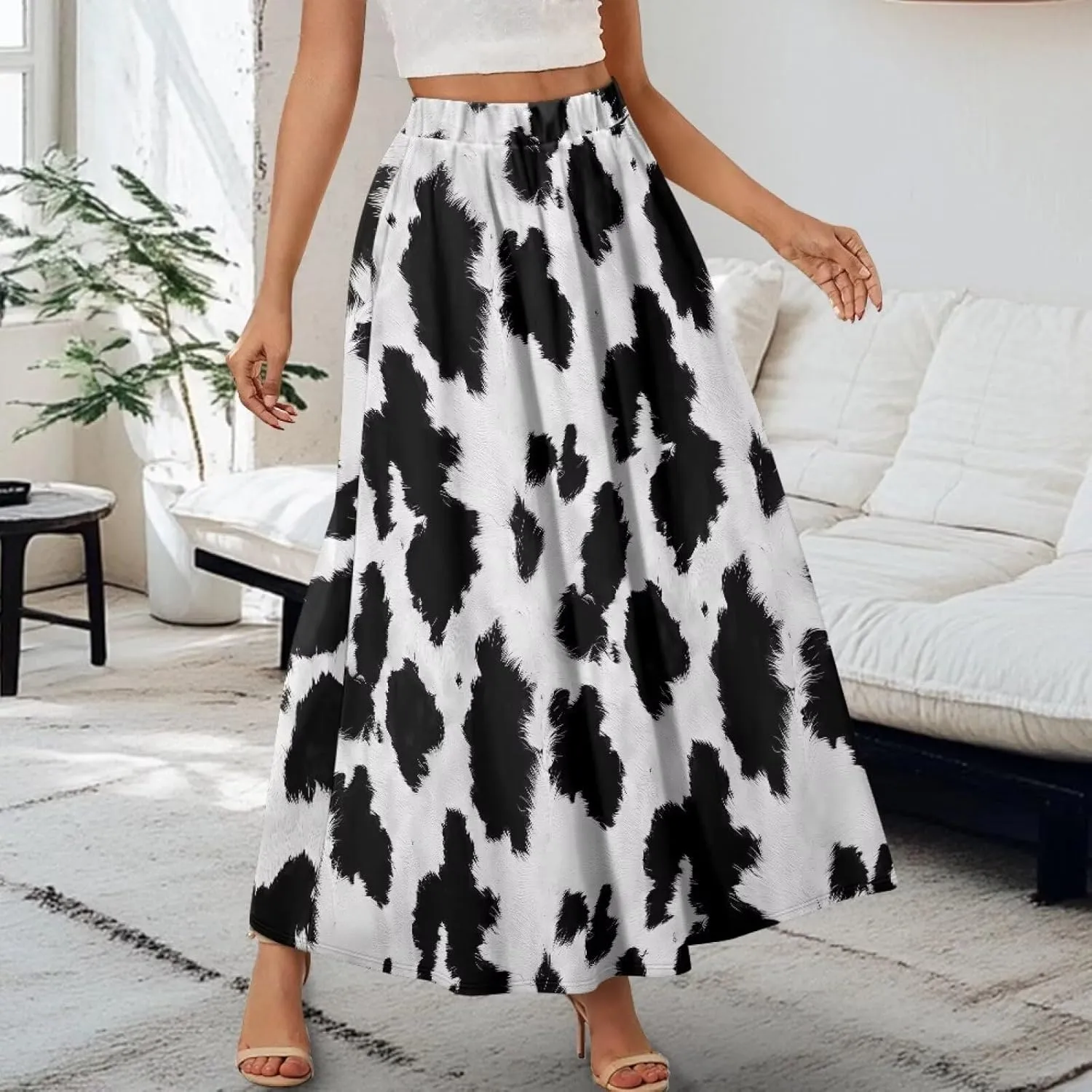 Flowy Maxi Skirts for Women Flared Long Casual Skirts with Pockets Swing Pleated Elastic High Waist A-Line Skirts