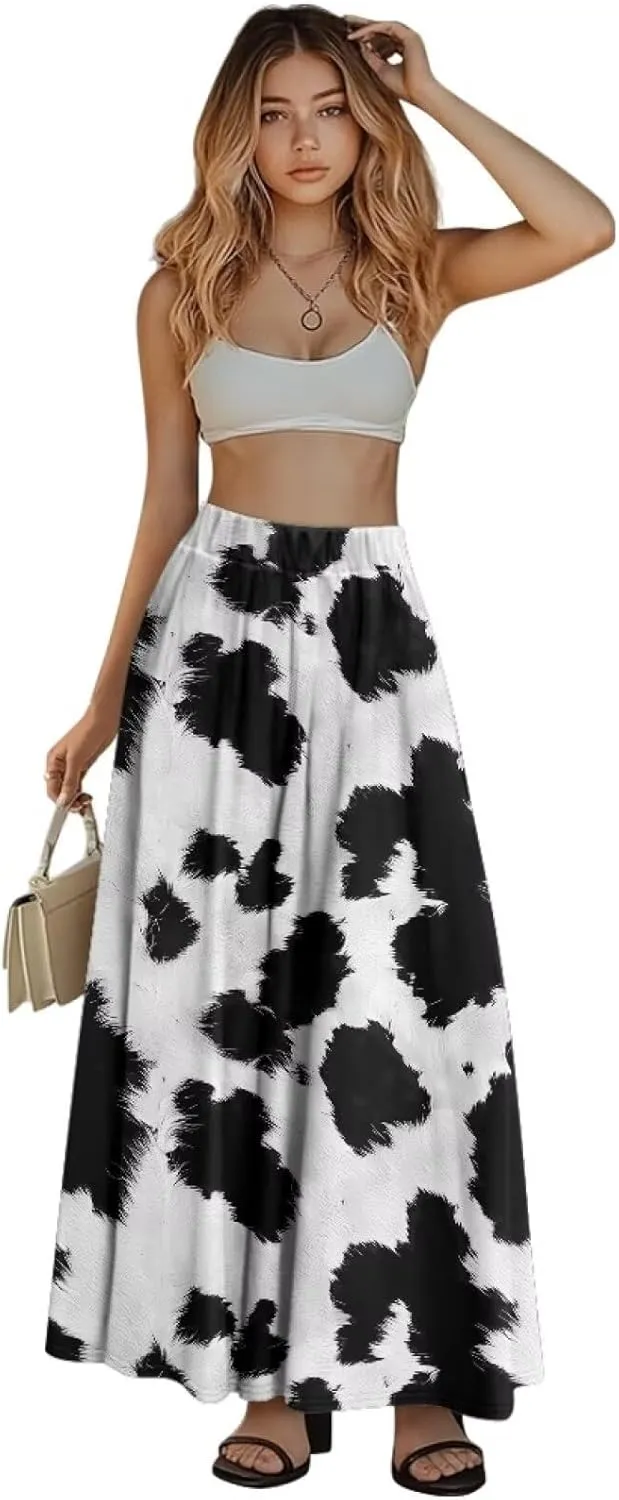 Flowy Maxi Skirts for Women Flared Long Casual Skirts with Pockets Swing Pleated Elastic High Waist A-Line Skirts