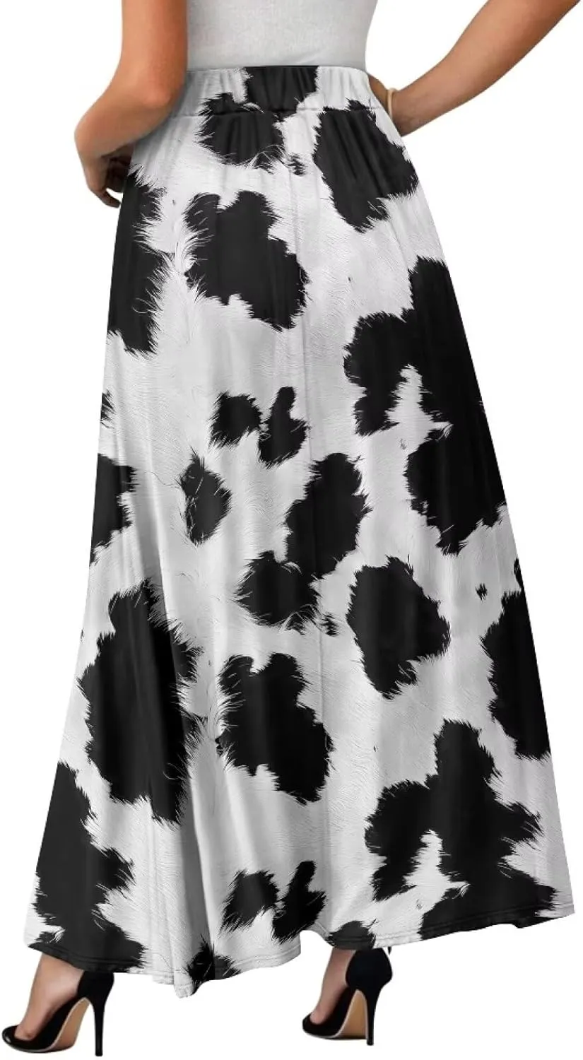 Flowy Maxi Skirts for Women Flared Long Casual Skirts with Pockets Swing Pleated Elastic High Waist A-Line Skirts