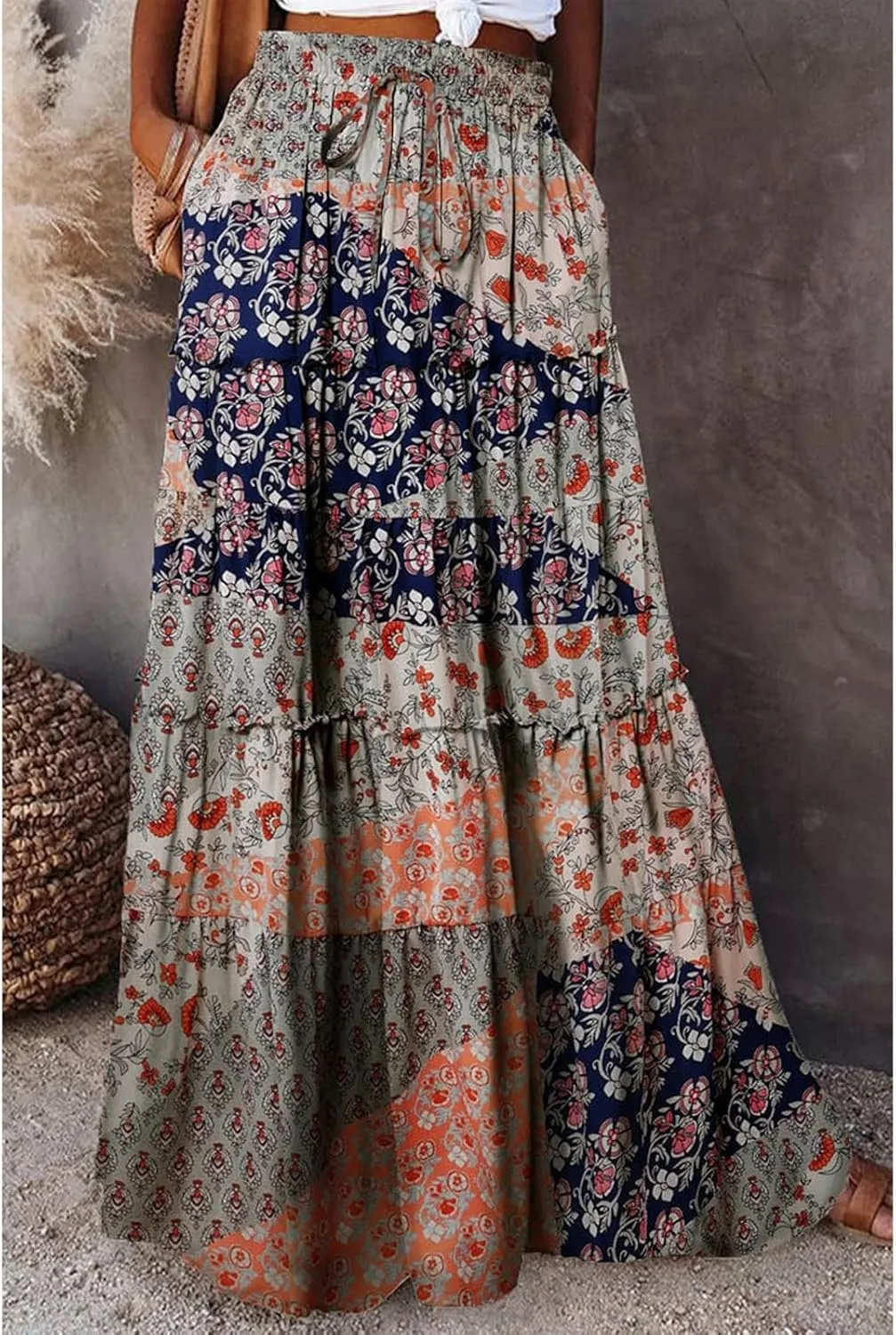 Flowy Tiered Maxi Skirts for Women 2025 Trendy Summer Vacation Boho Floral Skirt Elastic Drawstring A Line Skirt