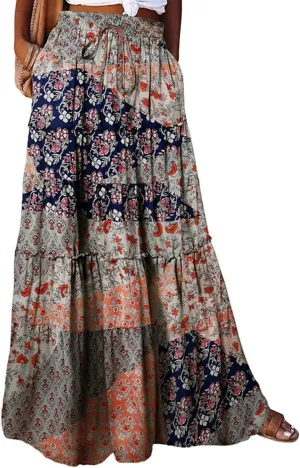 Flowy Tiered Maxi Skirts for Women 2025 Trendy Summer Vacation Boho Floral Skirt Elastic Drawstring A Line Skirt