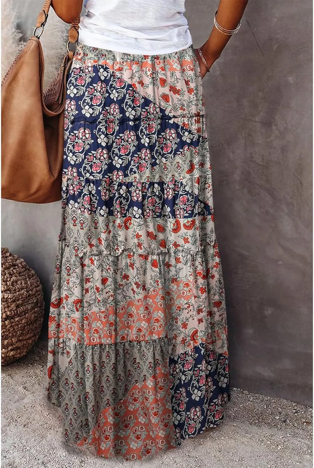 Flowy Tiered Maxi Skirts for Women 2025 Trendy Summer Vacation Boho Floral Skirt Elastic Drawstring A Line Skirt