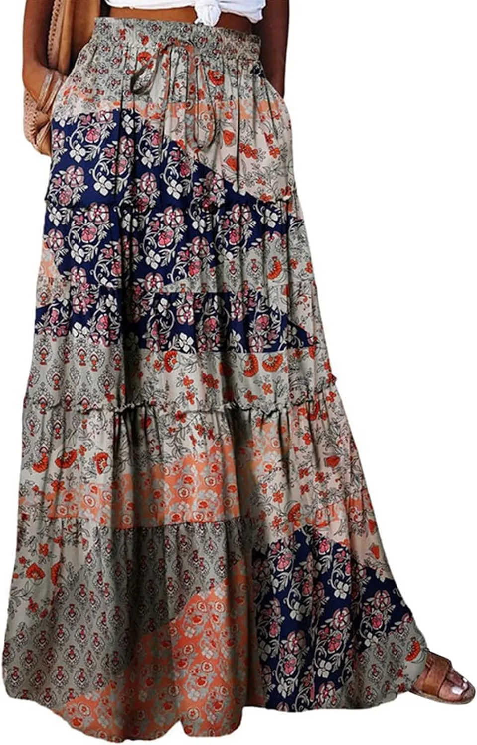 Flowy Tiered Maxi Skirts for Women 2025 Trendy Summer Vacation Boho Floral Skirt Elastic Drawstring A Line Skirt