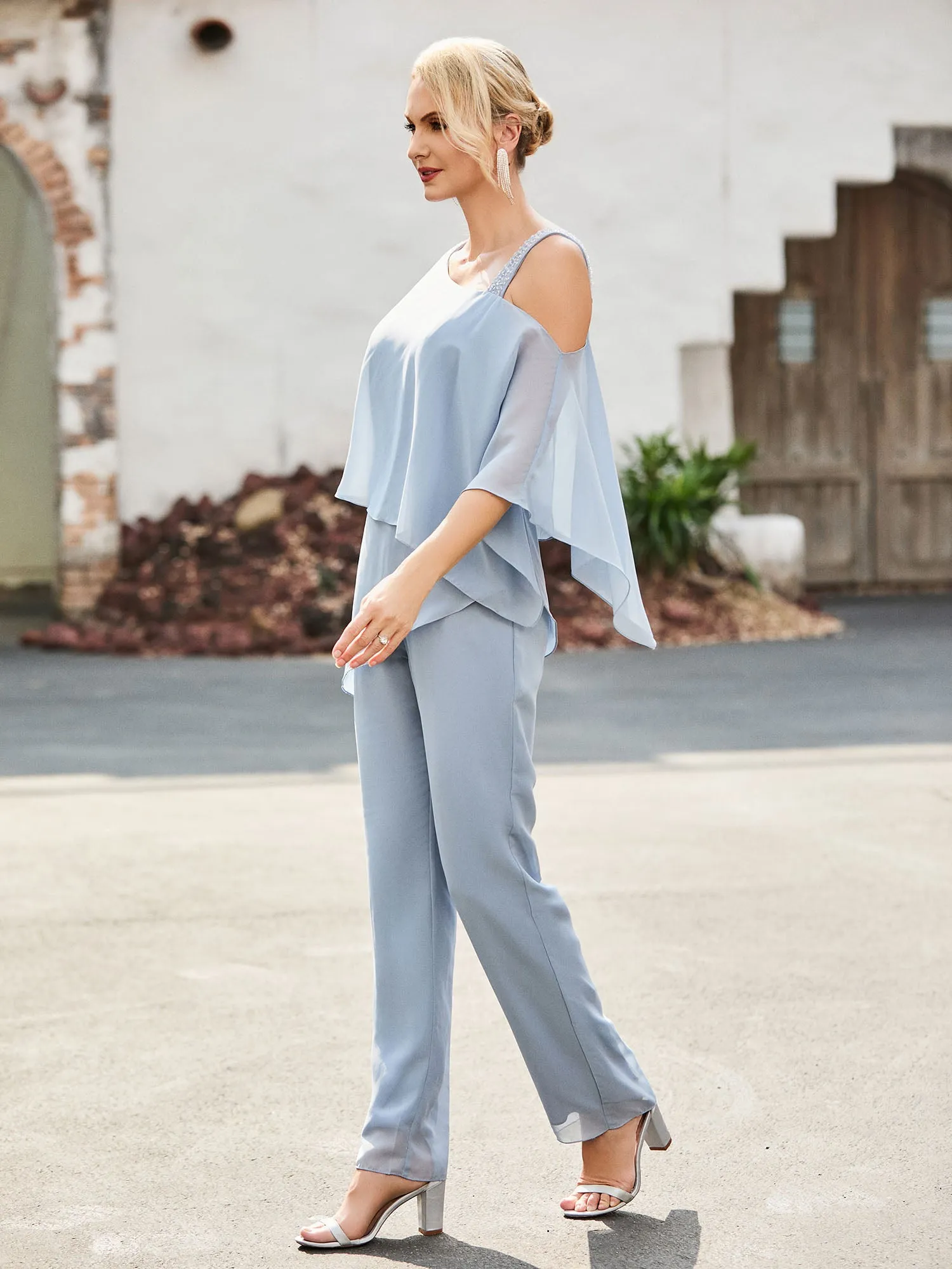 Flutter Sleeves Chiffon Pantsuit with Beaded Dusty Blue