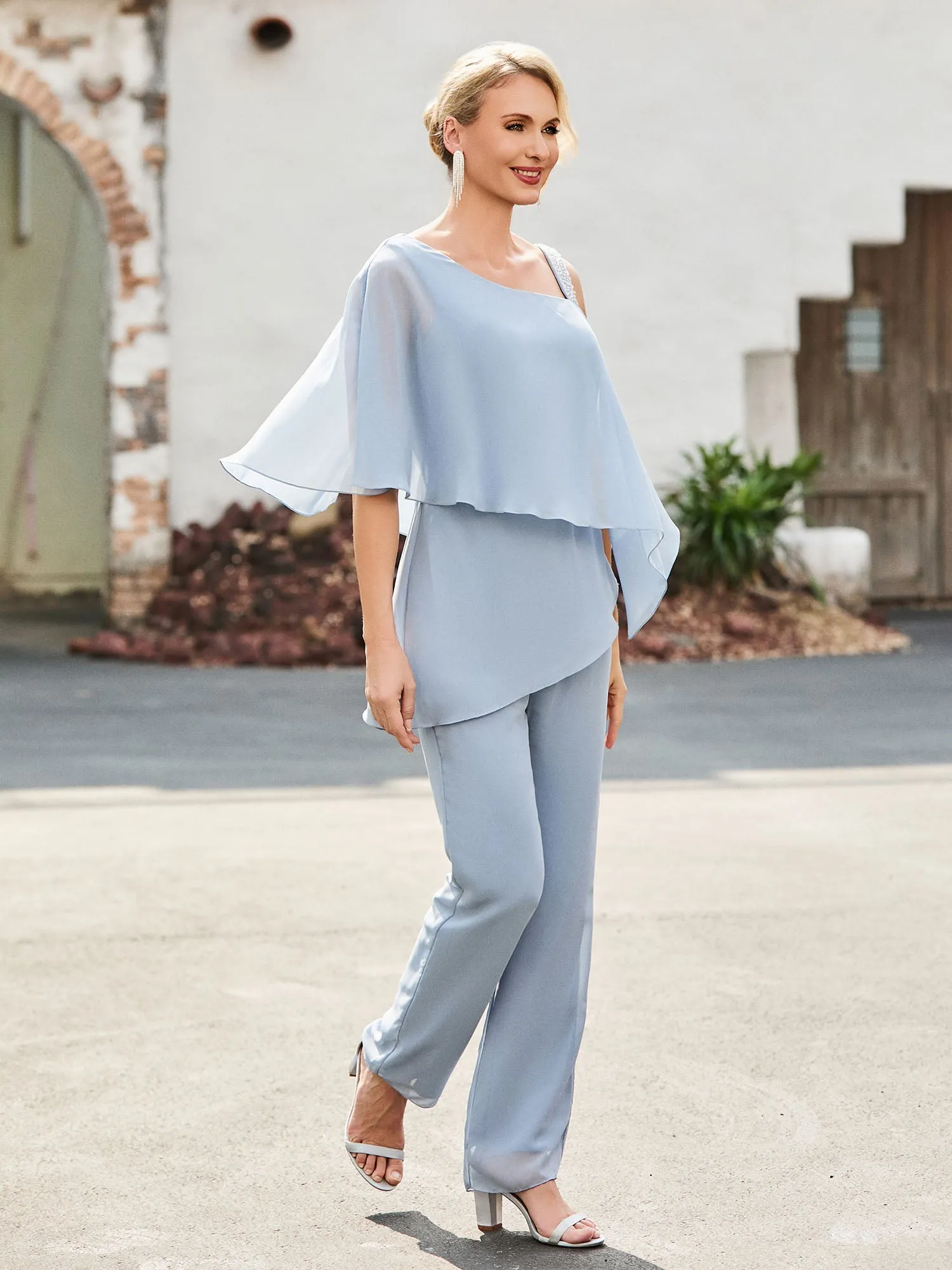Flutter Sleeves Chiffon Pantsuit with Beaded Dusty Blue