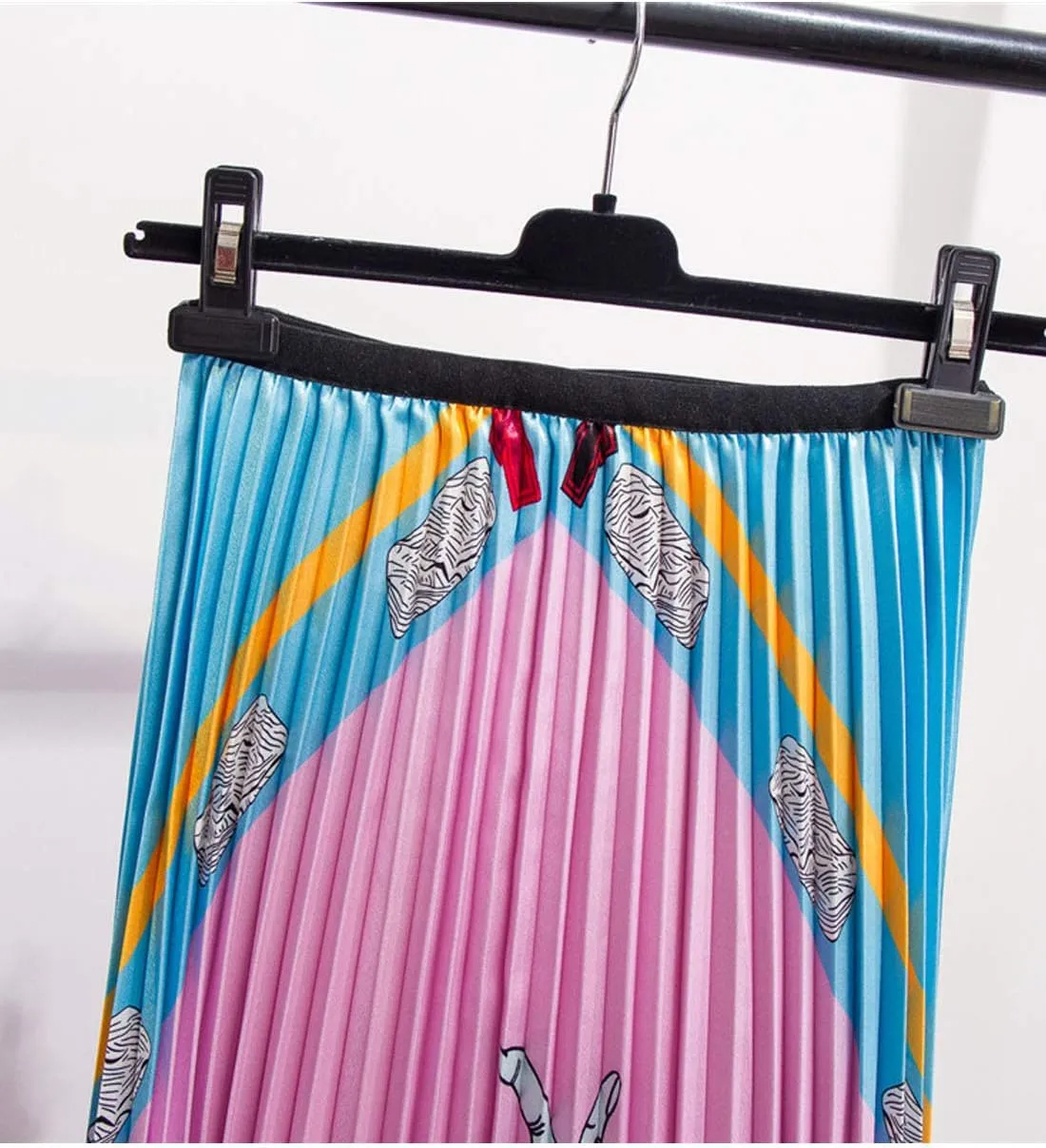 Flygo Women's Casual High Waist Pleated A Line Colorful Print Flare Midi Skirt