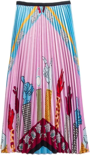 Flygo Women's Casual High Waist Pleated A Line Colorful Print Flare Midi Skirt