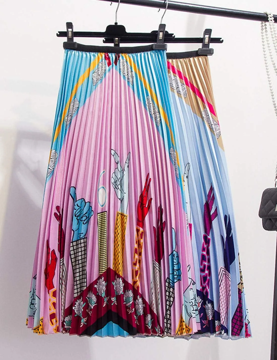Flygo Women's Casual High Waist Pleated A Line Colorful Print Flare Midi Skirt