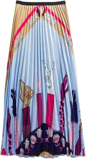 Flygo Women's Casual High Waist Pleated A Line Colorful Print Flare Midi Skirt