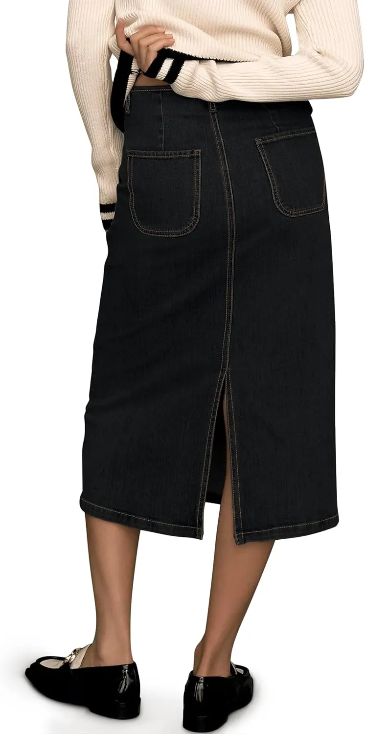 FOMELY Denim Skirt Women High Waisted Long Jean Skirt Back Split Stretchy Denim Skirt with Pockets