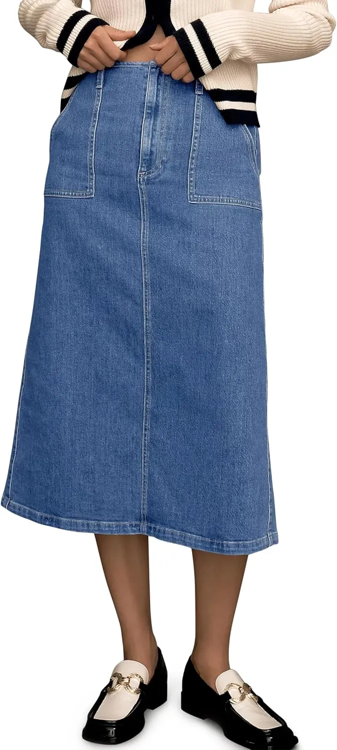 FOMELY Denim Skirt Women High Waisted Long Jean Skirt Back Split Stretchy Denim Skirt with Pockets