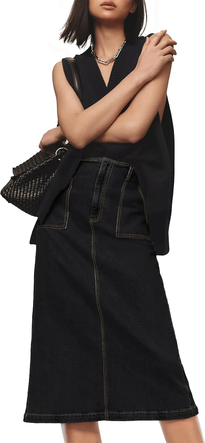 FOMELY Denim Skirt Women High Waisted Long Jean Skirt Back Split Stretchy Denim Skirt with Pockets
