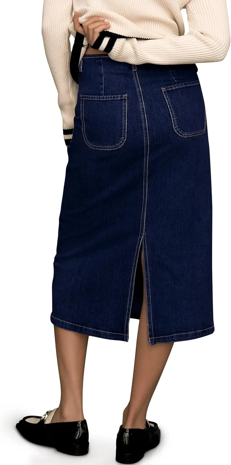 FOMELY Denim Skirt Women High Waisted Long Jean Skirt Back Split Stretchy Denim Skirt with Pockets