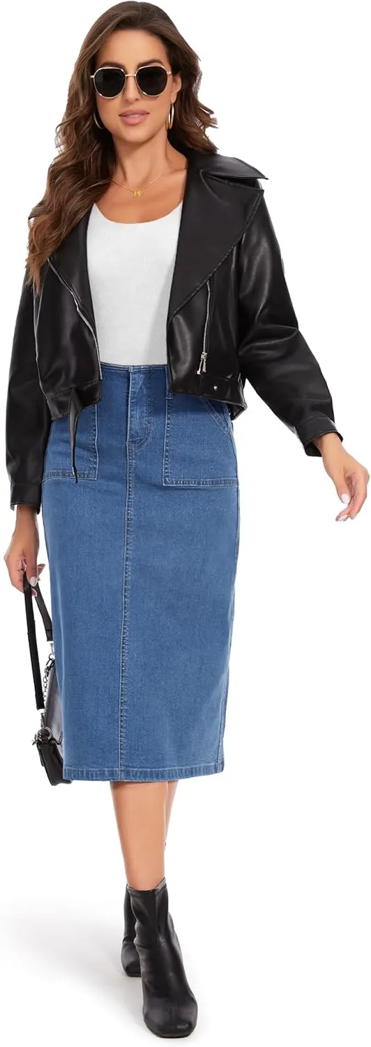 FOMELY Denim Skirt Women High Waisted Long Jean Skirt Back Split Stretchy Denim Skirt with Pockets
