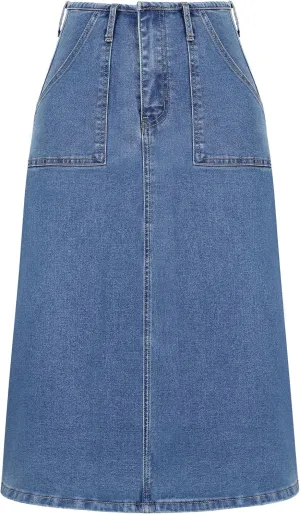 FOMELY Denim Skirt Women High Waisted Long Jean Skirt Back Split Stretchy Denim Skirt with Pockets