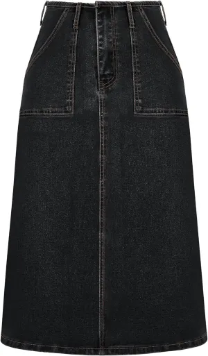 FOMELY Denim Skirt Women High Waisted Long Jean Skirt Back Split Stretchy Denim Skirt with Pockets