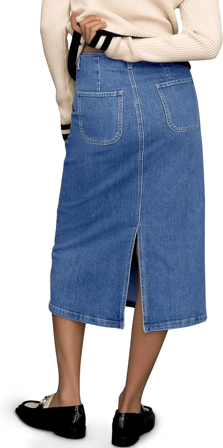FOMELY Denim Skirt Women High Waisted Long Jean Skirt Back Split Stretchy Denim Skirt with Pockets