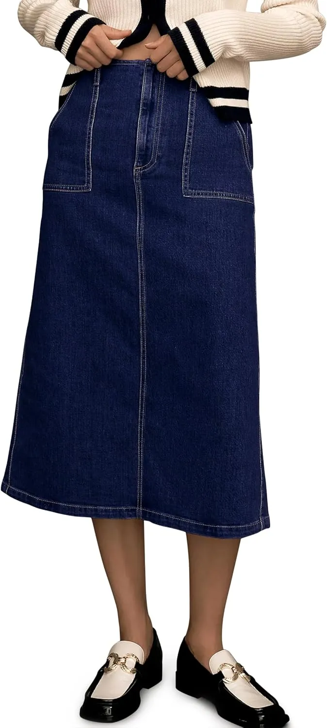 FOMELY Denim Skirt Women High Waisted Long Jean Skirt Back Split Stretchy Denim Skirt with Pockets