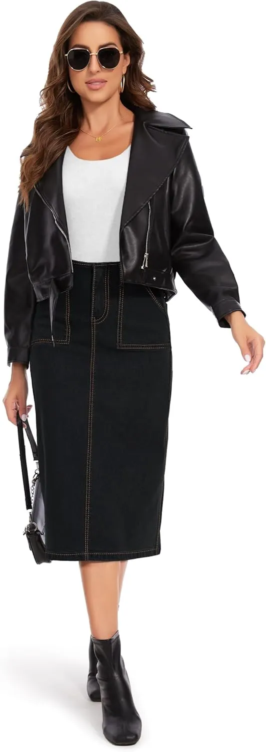 FOMELY Denim Skirt Women High Waisted Long Jean Skirt Back Split Stretchy Denim Skirt with Pockets