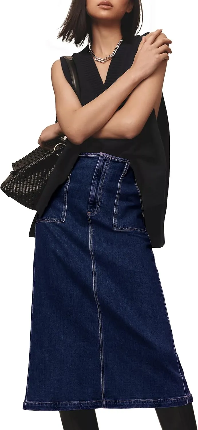 FOMELY Denim Skirt Women High Waisted Long Jean Skirt Back Split Stretchy Denim Skirt with Pockets