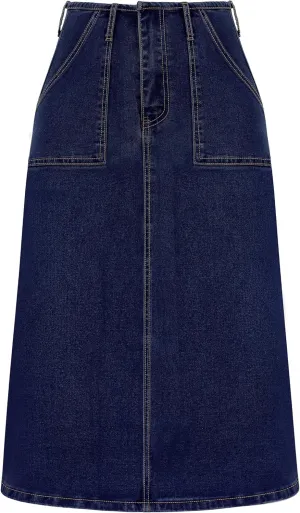 FOMELY Denim Skirt Women High Waisted Long Jean Skirt Back Split Stretchy Denim Skirt with Pockets
