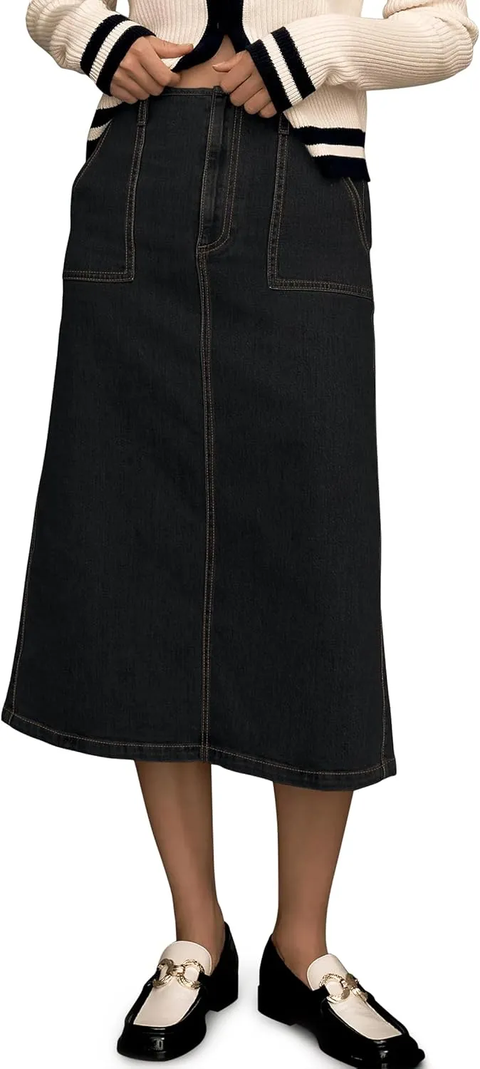 FOMELY Denim Skirt Women High Waisted Long Jean Skirt Back Split Stretchy Denim Skirt with Pockets