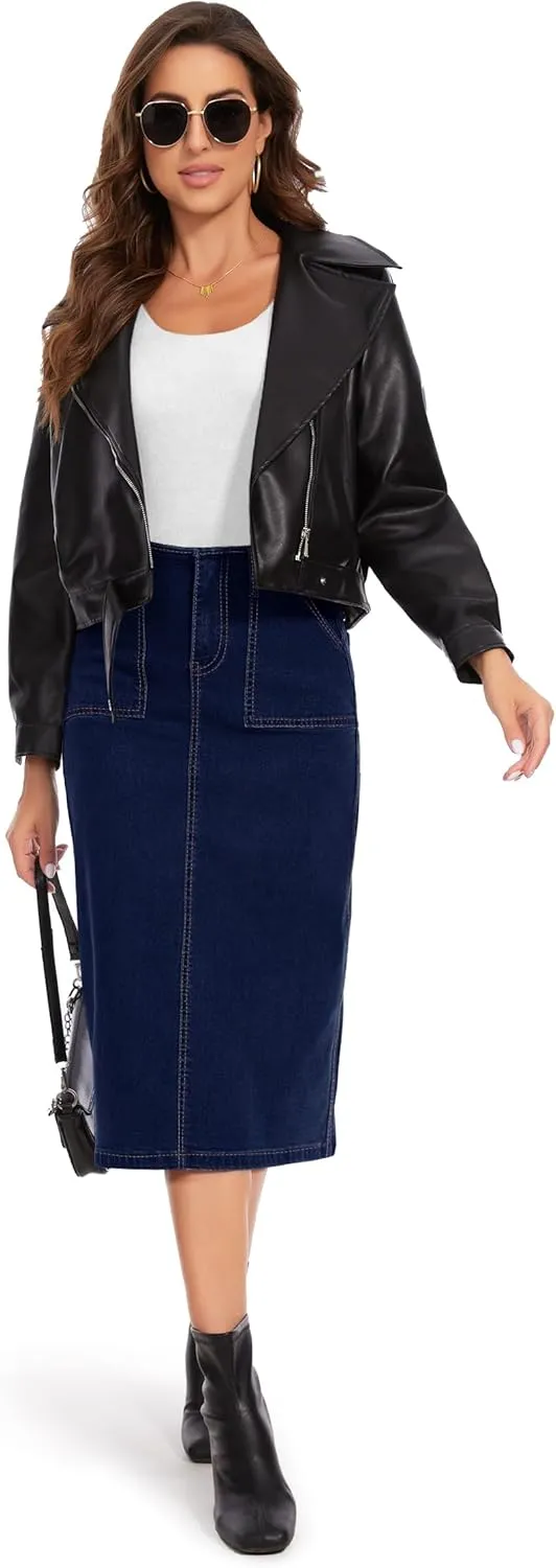FOMELY Denim Skirt Women High Waisted Long Jean Skirt Back Split Stretchy Denim Skirt with Pockets