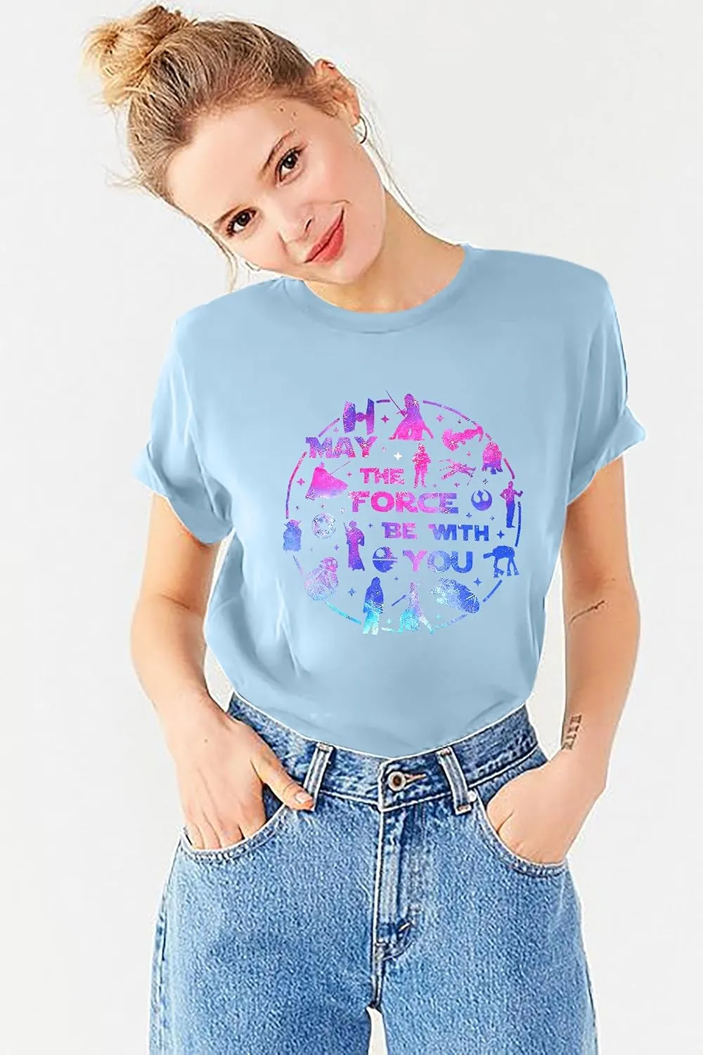 FRYAID May The Power Be with You Shirt Women Vintage Magical Tshirt Magic Graphic Tee Family Vacation Casual Short Sleeve Top