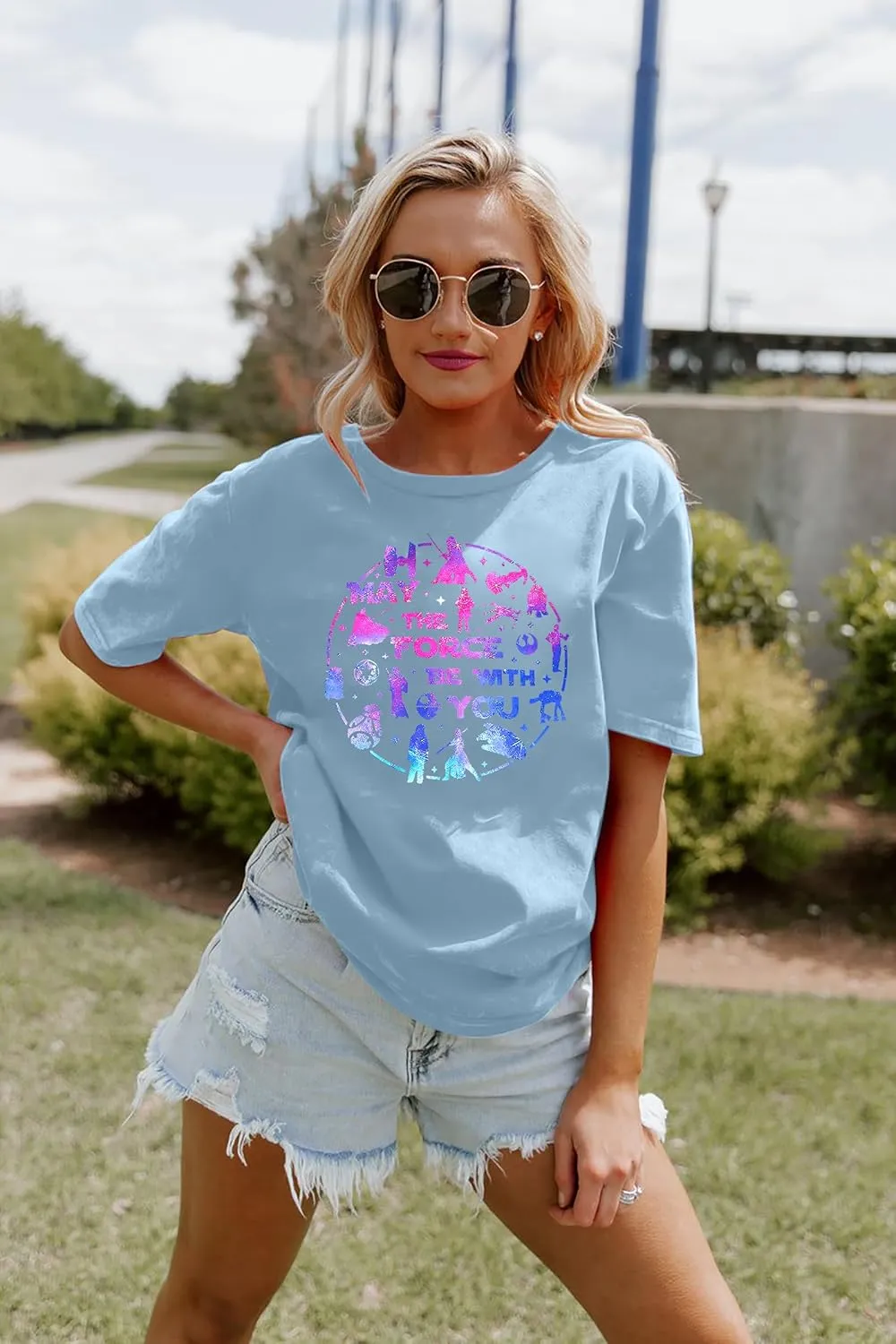 FRYAID May The Power Be with You Shirt Women Vintage Magical Tshirt Magic Graphic Tee Family Vacation Casual Short Sleeve Top