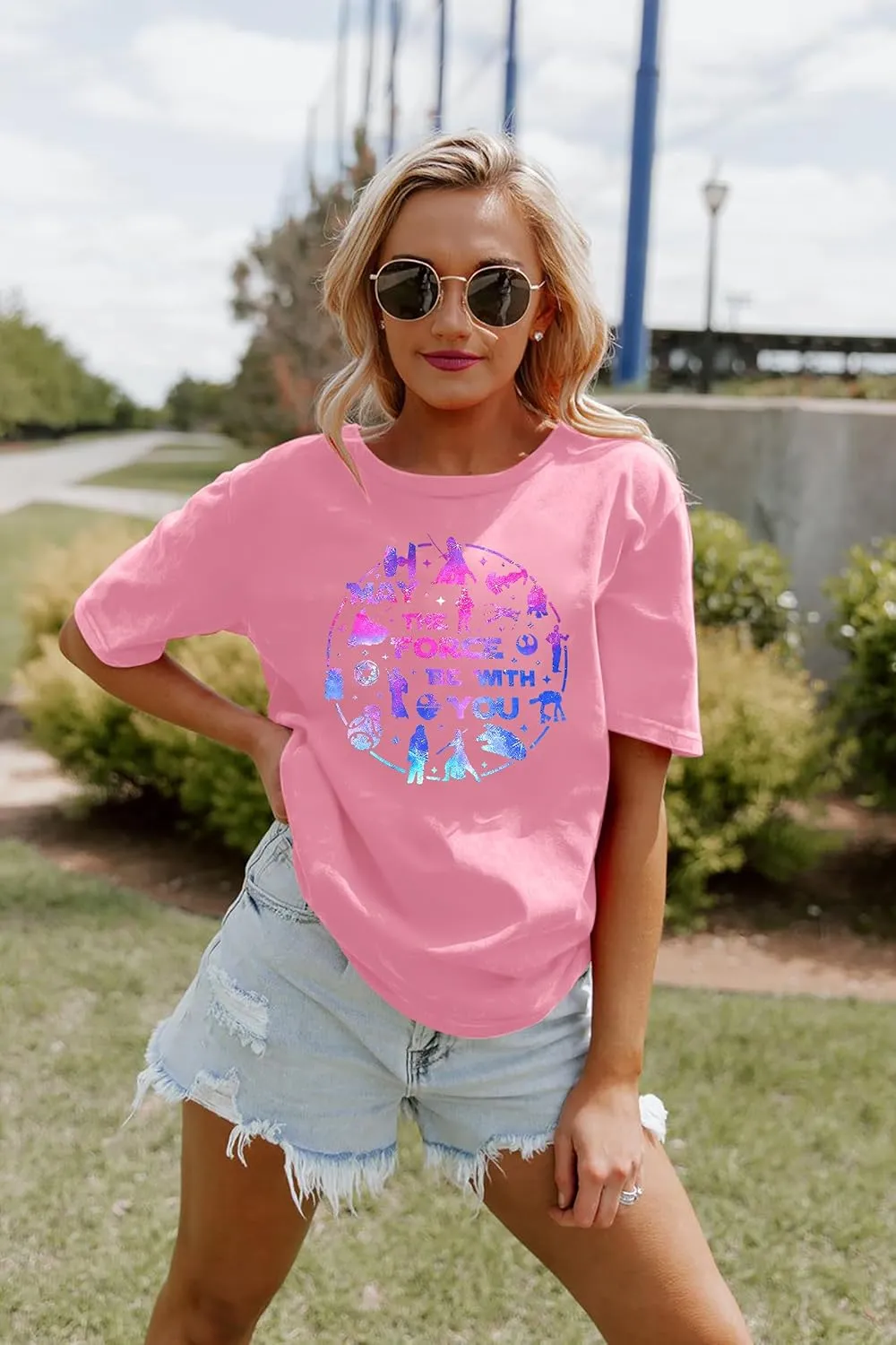 FRYAID May The Power Be with You Shirt Women Vintage Magical Tshirt Magic Graphic Tee Family Vacation Casual Short Sleeve Top