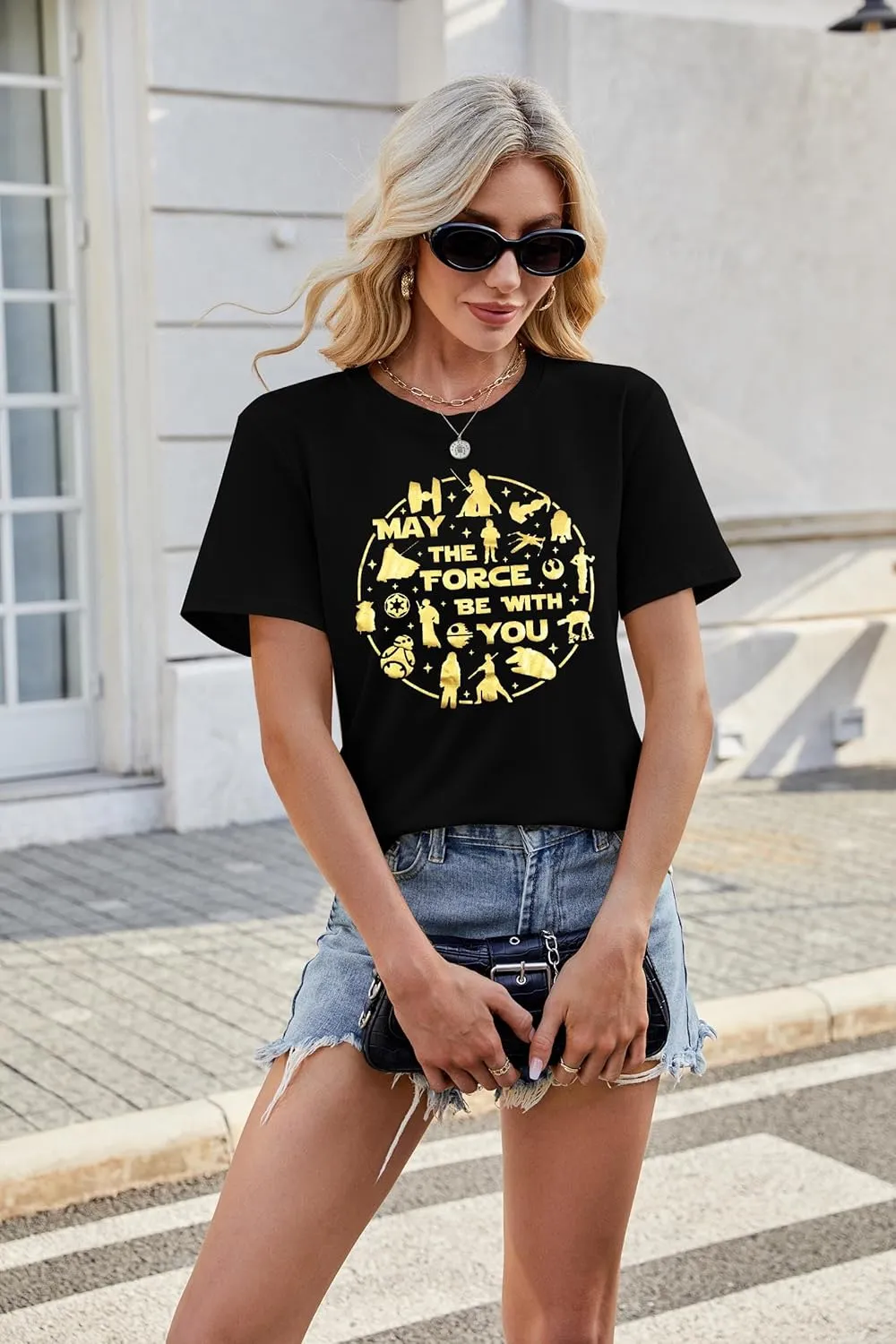 FRYAID May The Power Be with You Shirt Women Vintage Magical Tshirt Magic Graphic Tee Family Vacation Casual Short Sleeve Top