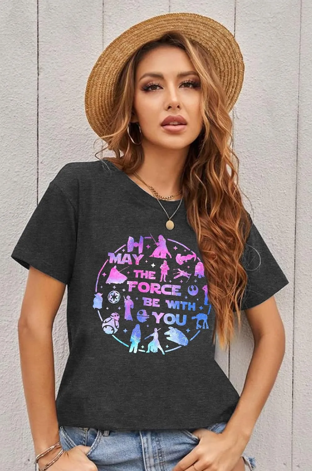 FRYAID May The Power Be with You Shirt Women Vintage Magical Tshirt Magic Graphic Tee Family Vacation Casual Short Sleeve Top
