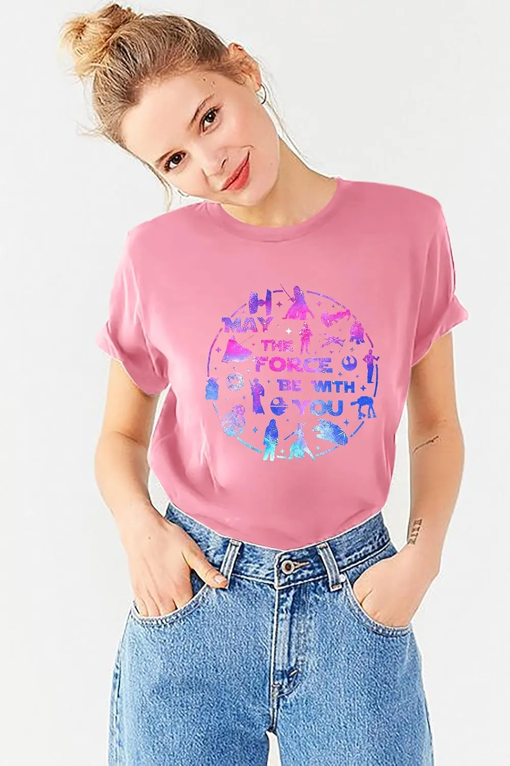FRYAID May The Power Be with You Shirt Women Vintage Magical Tshirt Magic Graphic Tee Family Vacation Casual Short Sleeve Top