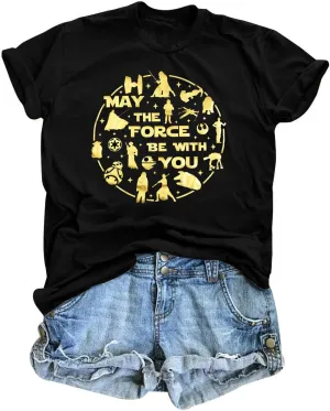 FRYAID May The Power Be with You Shirt Women Vintage Magical Tshirt Magic Graphic Tee Family Vacation Casual Short Sleeve Top